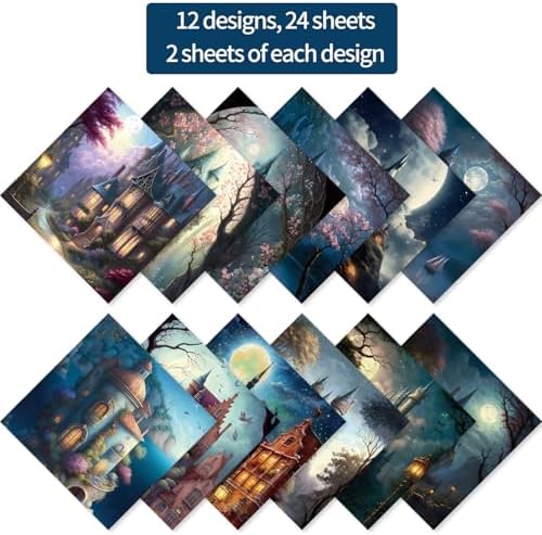 6x6" Cardstock Single Sided Scrapbooking,Craft Decorative Scrap Book Paper | 160gsm,24-Sheet 12Patterns Colored Paper,Junk Journal Supplies,Vivid Origami Papers DIY Craft Gift Wrapping Album.Midnight