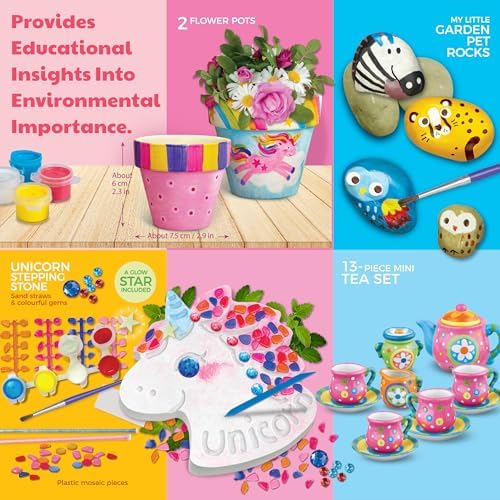 4M Magical Garden Kit for Kids Ages 8-12 – 4-in-1 Craft Set: Paint Flower Pots, Unicorn Stepping Stone with Glow Star, Mosaics & Gemstones, Mini Porcelain Tea Set, Garden Stones, Creative Art Gift