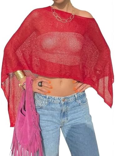 Nicoxijia Women Y2K Sheer Knit Poncho Top Lightweight Summer Beach Knit Shrug Shawl Bolero Off Shoulder Mesh Sweater Cover Up