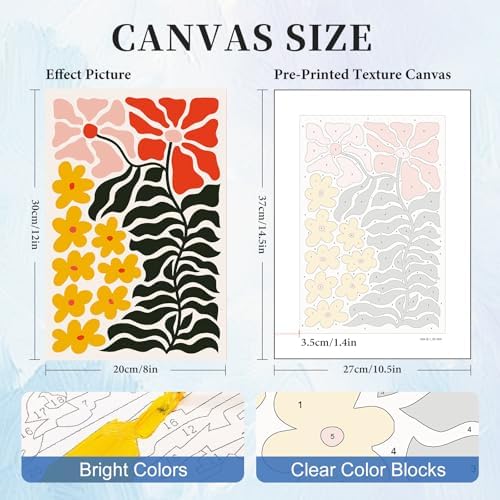 6 Pack Paint by Numbers Kit for Adults, Flowers Number Painting, 8x12 Inch | DIY Adult Paint by Number Kits on Canvas for Beginners, without Frame, Botanical Home Wall Decor, Stress Relief Craft Gift