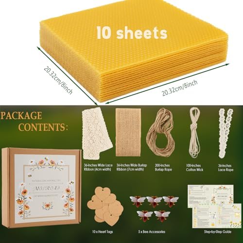 Beeswax Sheets for Candle Making, 30Pcs DIY Beeswax Candles Rolling Kit for Kids & Adults, Natural Honeycomb Sheets (8 x 8 Inch) with Cotton Wick, Bee Ornaments, Lace Ribbon and Hemp Rope