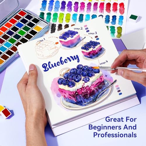 52 Colors Watercolor Paint Set for Adults, Vibrant Travel Water Colors Kit with Metallic Shades, Includes Brush, Pencil, Sponge, 5 Watercolor Papers & Black Pen, Portable Blue Case