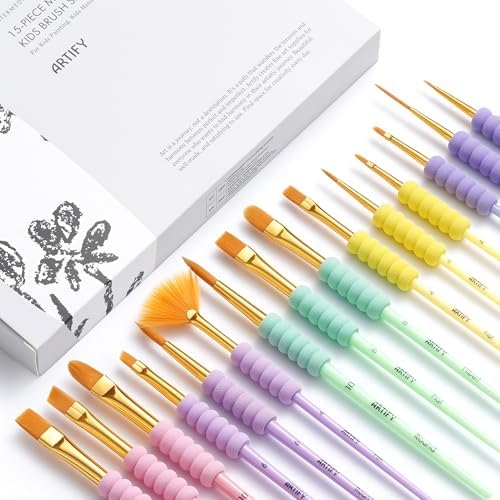 Artify Paint Brushes for Kids, 15-Sizes Paint Brush Set for Kid's Arts and Crafts, Ergonomic Donuts Handle | Macaron Colors Kids Paint Brushes, for Acrylic, Oil, Watercolor, Gouache, Paint by Numbers