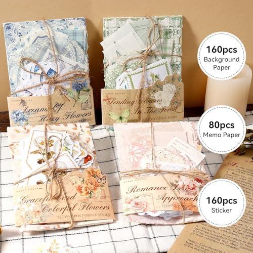 LIGHOON 400 Pcs Vintage Floral Scrapbook Paper, Floral Journaling Stickers Kit, 4 Pack Junk Journal Supplies for Bullet Journaling DIY Retro Crafts Planner Card Notebook Album