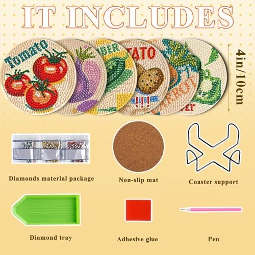 DOTSOPS 6 Pcs Vegetable Diamond Painting Coasters with Holder for Beginners