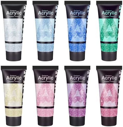 AUREUO Galaxy Glitter Acrylic Paint Set - 8 Twinkle Iridescent Colors 0.71 Fl Oz / 21ml Tubes Sparkling Art Paints for Holiday Crafts Decor Non Toxic Art Supplies for DIY Projects, Gifts for Artists