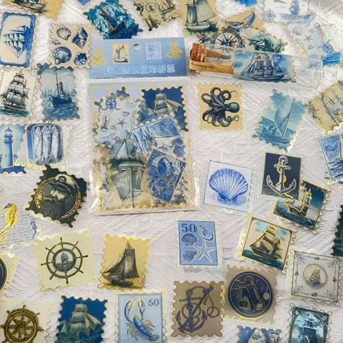 50PCS Travel Stamp Stickers, Gold Foil Scrapbook Supplies | Waterproof Vintage Travel Stickers for Journal,Planner,DIY Craft,Diary, Water Bottle,Laptop