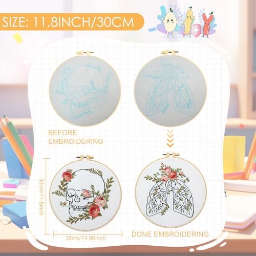 5 Sets Skull Embroidery Kits for Beginners Adults, Anatomy Embroidery Starter Kit for Doctors Nurses Christmas Gifts with Floral Stamped Pattern DIY Needlepoint Kit Cross Stitch Set Includes 2 Hoops