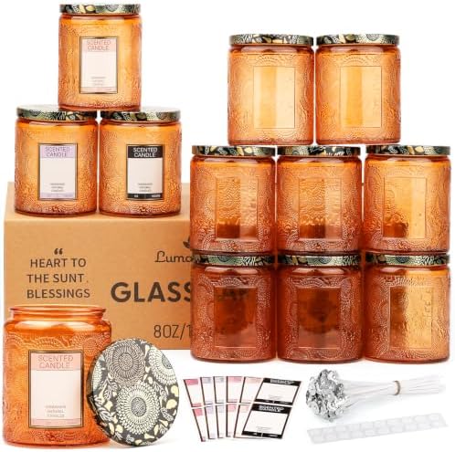 LumaCraft Luxury Embossed Glass Candle Jars for Making Candles - 12 Pack 8oz Empty Candle Containers with Airtight Metal Lids, 20 Wicks & 20 Stickers, Colored Glass Jars for Gifts & Decor