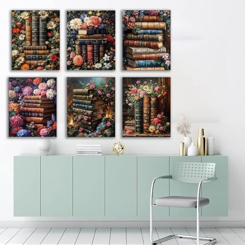 RYMILIE 9 Pack Diamond Art Kits for Adults Vintage Flowers and Books | D Diamond Painting Kit for Beginners, DIY Full Round Drill Gem Art Crafts for Home Wall Decor Gift 12x16inch