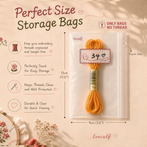 Embroidery Threads Cross Stitch Floss Bag Organizer 5.12 x 3.6 inch - 200 Pack with 4 Rings