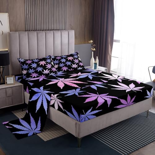 Cannabis Leaves Sheet Set Hemp Leaf Plant Bedding Set Natural Botanical Bed Sheets Teens Room Decor Black Purple Pink (King Flat & Fitted Sheet with 2 Pillow Case)