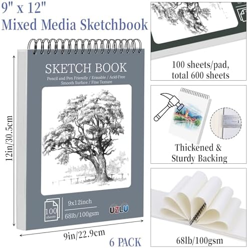 6 Pack Sketch Books Bulk 9x12 Inch Large Top Spiral Bound Sketch Pads 600 Total Sheets 6-Color Sketchbook Set 68lb/100gsm Acid-Free Drawing Paper for Students Beginners Artists Classroom Art Supplies