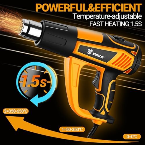 Heat Gun Hot Air Gun: DEKOPRO 1800W Heat Guns with Variable Temperature Control 120℉-1200℉/50℃- 650℃, Heat Guns for Crafting, Vinyl Wrap, Shrink Wrap with Overload Protection & 4 Nozzles