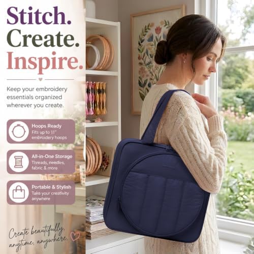 Puffy Embroidery Project Bag, Quilted Embroidery Floss Organizer for Hoops up to 11", Cross Stitch Project Storage Case for Needlepoint Project, Thread & Stitch Tools