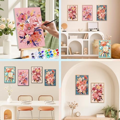 Camocin 4 Pack Framed Paint by Numbers Kit for Adults with Wooden Easel | Floral Bouquet Artwork, Pink Flowers Wall Decor, DIY Canvas Painting Set, Home Wall Decor, Beginner Friendly, 8x12 Inch
