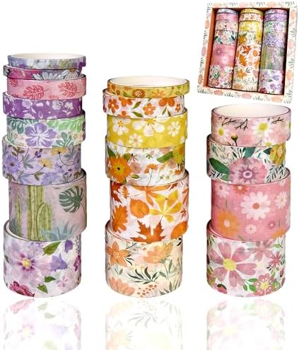 Washi Tape Set, 18 Rolls Washi Stickers, Assorted Sizes, for Junk Journal Scrapbook Tape, Bullet Journaling Scrapbooking Supplies, Planner Sticker DIY Craft DéCor (Floral)