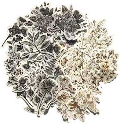 Vintage Zen Botany Flower Washi Sticker Pack, Artsy Natural Black-and-White Plants with Golden Sketch Decals Collection, Wild Plants Gray and Gold Set – 120 Pcs