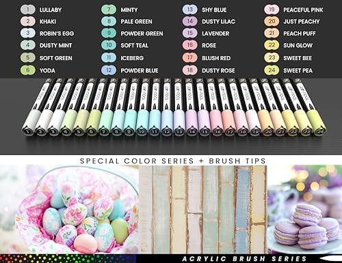 TOOLI-ART 24 Flexible Brush Tip Acrylic Paint Pens Markers Set 1-7mm Line for Rock Painting, Glass, Mugs, Wood, Metal, Canvas, Plastic. Non Toxic Waterbased Quick Drying Assorted Pastel