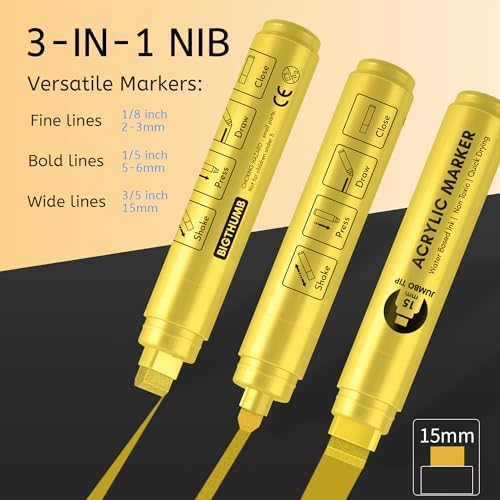 BIGTHUMB Jumbo Graffiti Poster Markers Set: 12 Metallic Colors Large 15mm Wide Tip Permanent Ink Thick Acrylic Paint Pens for Rock Painting, Stone, Glass, Wood, Ceramic, Metal, Plastic, Fabric