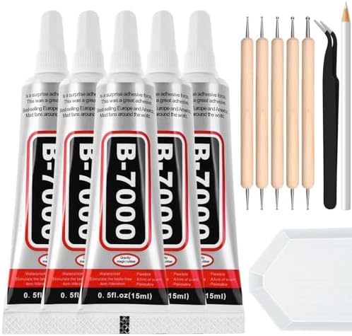 B7000 Clear Adhesive with Precision Tips, 5 PCS B-7000 Jewelry Bead Glue for Diamond Rhinestone Applicator Tools Set - Strength Adhesive for Nail Art DIY Crafts Clothes Shoes Bags