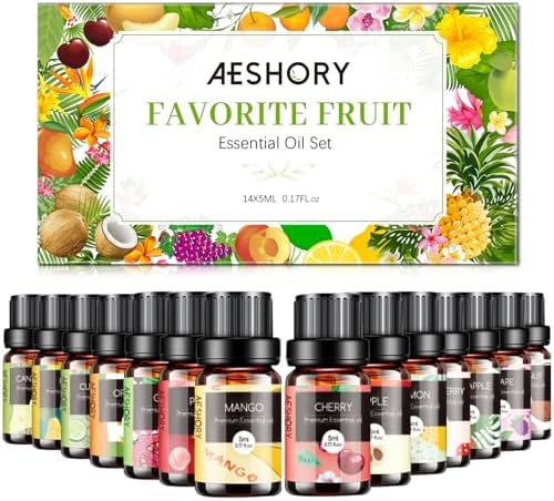 Fruity Essential Oils Set - TOP 14 Fragrance Oil for Diffusers, Candle Making Includes Strawberry, Apple, Pineapple, Cucumber Melon, Cherry, Mango, Lemon, and Orange Scented Aromatherapy Oils (5ml)