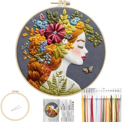 FONNUY Floral Women Embroidery Kit for Beginners, Colorful Long Hair Girl Pre-Stamped Pattern Kits for Adults with Hoop, Thread Needlework, 8'' Hoop (Gold)