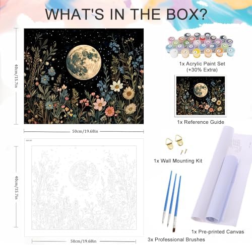 Natuyalo Paint by Numbers for Adults Beginner, Moon Phases and Flowers Adult Paint by Number Kits on Canvas, DIY Acrylic Easy Painting by Numbers for Home Wall Decor 16x20 Inch