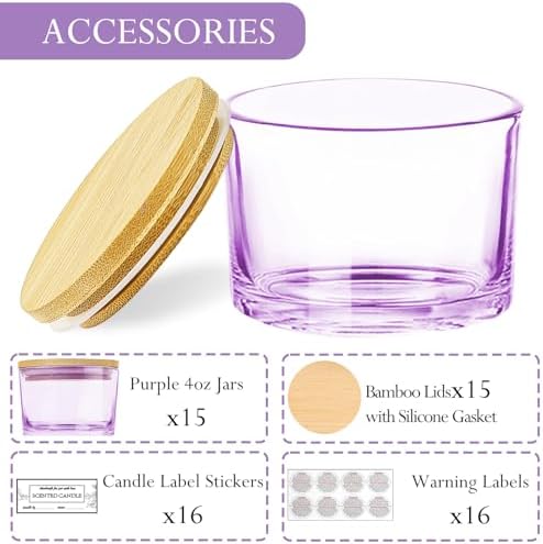 CONNOO 15 Pack 4oz Purple Glass Candle Jars with Airtight Bamboo Lids