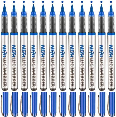 Metallic Acrylic Paint Markers, 12 Pcs Soft Brush Tip Marker Pens for Stone,Paper,Wood,Glass,Fabric Paint,DIY Crafts (12, Blue)