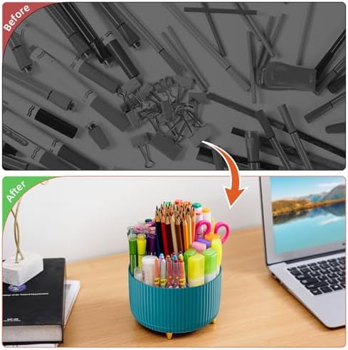 Marbrasse Desk Organizer, 360-Degree Rotating Pen Holder, Desk Organizers and Accessories with 5 Compartments Pencil Organizer, Art Supply Storage Box Caddy for Office, Home（Green）