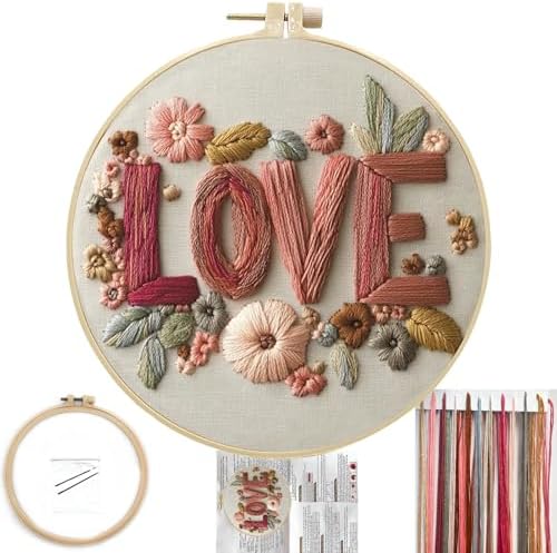FONNUY I Love You Embroidery Kit for Beginners, Pre-Stamped Pattern Kits, Romantic Anniversary for Women Men, Valentine's Day Gifts Thread Needlework, 8'' Hoop (Love 01)