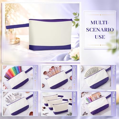 Silkfly 15 Pcs Cotton Canvas Makeup Bags Cosmetic Zipper Bags 10.2 x 5.5 x 2'' Blank DIY Pouch Bulk Pencil Case with Bottom Travel Toiletry Pouch for Women Craft Decor Gift (Beige and Purple)