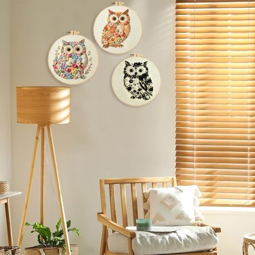 FONNUY Floral Owl Embroidery Kit for Beginners, DIY Handmade Flower Animal Embroidery Set with Hoop, Stamped Cross Stitch Kit for Adults, Unique Home Wall Art Decor & Craft Gift (Colorful)