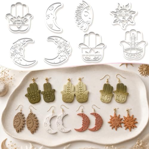 8Pcs Hamsa Hand Polymer Clay Cutters, Boho Moon Sun Molds