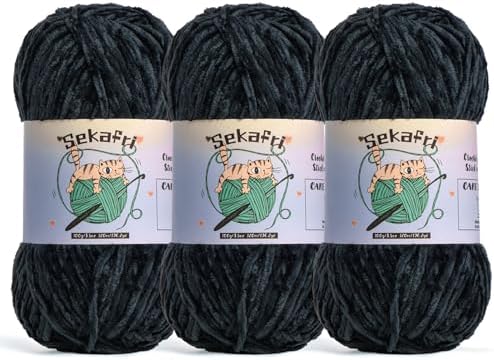 3 Pack of 300g (590yds) Fuzzy Chenille Yarn for Crocheting,Fluffy Amigurumi Crochet Yarn for DIY Craft/Hat/Clothes, Soft Velvet Baby Blanket Yarns（3 Black）