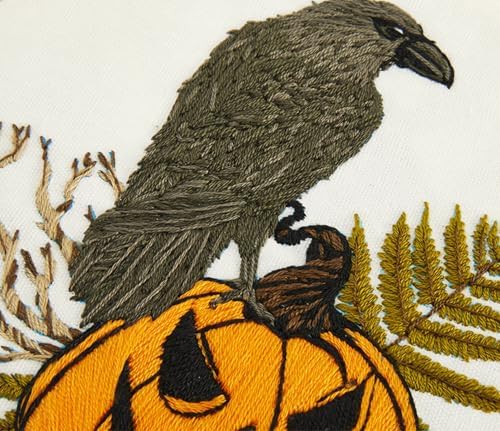 Crafmanoe Halloween Embroidery Starter Kits for Beginners Adults, Fall Pumpkin Stamped Cross Stitch Kits for Beginners Adults, Crow Gothic Embroidery Needlepoint Kits, Hoops, Fabric and Video Tutorial