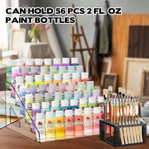 YEXEXINM 2 Pcs Clear Paint Organizer With Paint Brush Holder,7 Layers Acrylic Paint Organizer,Paint Storage Rack,Craft Paint Organizer Rack,Miniature Paint Holder for Paint Storage