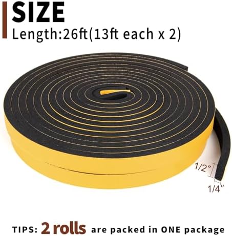 Yotache Weather Stripping Door Seal Strip 1/2 x 1/4 inch, 2 Rolls x 13Ft, New Adhesive Foam Insulation Tape for Door Frames, Windows, Total 26Ft (Pack of 2)