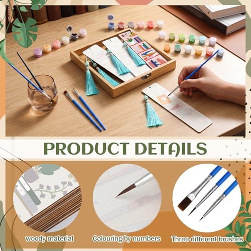 Kosiz 12 Pcs Book Paint by Number Kit for Adult Wood Bookmark | Mini Paint by Numbers Kit, Painting Decor, Back to School Tassels Blank Bookmark, for Small DIY Craft Book Lovers Gift 7x2 ''