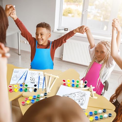 48PCS 12 Sets Printed Canvas Paint Art 12 Pcs Wooden Easel Set Paint Pots and Brushes and 12 Pre Drawn Canvas Panel 12 Pcs Mini Apron and Tote Bag for Kids(Animal)
