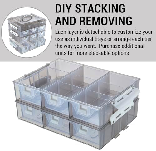 MyGift Single Stackable Tray, Add-on for 11 Inch Smoke Gray Transparent Arts & Crafts Storage Box, 9 Compartment Sewing Supplies Organizer with 3 Drawers and Removable Dividers
