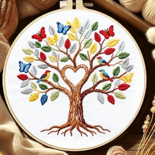 FREEBLOSS 4 Set Embroidery Kit Tree of Life Stamped Embroidery Starter Kit with Step by Step Instructions, Colored Threads, 2 Hoops, Needlepoint Kits for Hand Craft Lovers Gift, 30cm/11.8inch