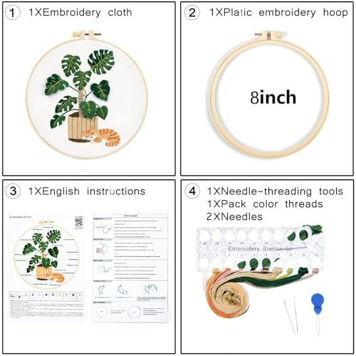 Monstera Embroidery Kits for Beginners Adults, Cat Hand Embroidery Kits, Potted Plant Cross Stitch Kits for Beginners DIY Craft Kits for Adult Women, Entire Set of Embroidery Supplies & Video Tutorial