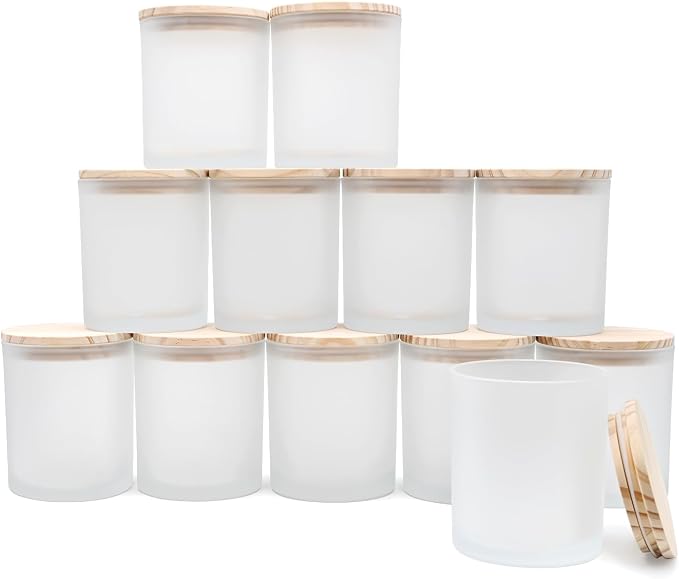 SHOWIN 14 OZ Thick Candle Jars for Making Candles 12 Pcs, 3 Wick Empty Jars with Wood Lids for Candle Making, Sample Container,Frosted White