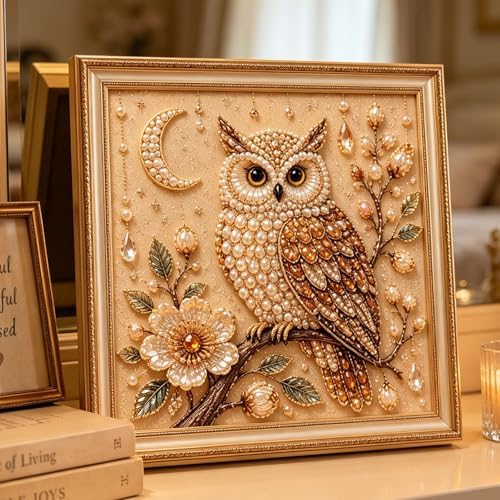 Pearl Art Kits for Adults Bird Flower DIY Beaded Embroidery Kits with Crystal Rhinestones Pearl Painting Craft Kit with Pre-Printed Canvas Handmade Home Wall Decor Gift (Owl)