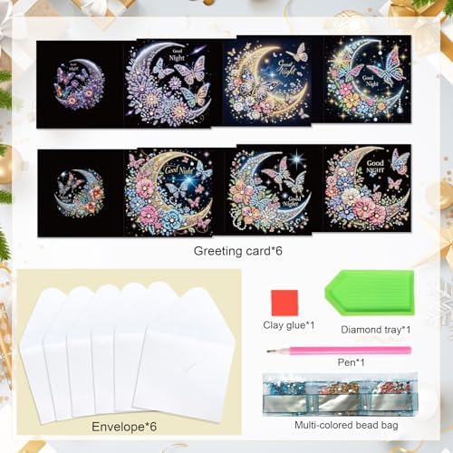 antor 6 Pcs 5D Rhinestone Painting Greeting Cards Kits, Handmade Festival Greeting Cards with Envelopes Holographic Shimmer Design DIY Diamond Art Crafts Birthday Cards for Adults (Butterfly Moon)