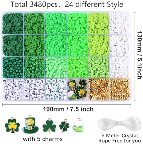 St.Patrick's Day Polymer Clay Beads Bracelet Making kit, 3480pcs 24 Style Cute Fun Beads Charms for Jewelry Necklace Earring Making DIY Accessories for Women Girls