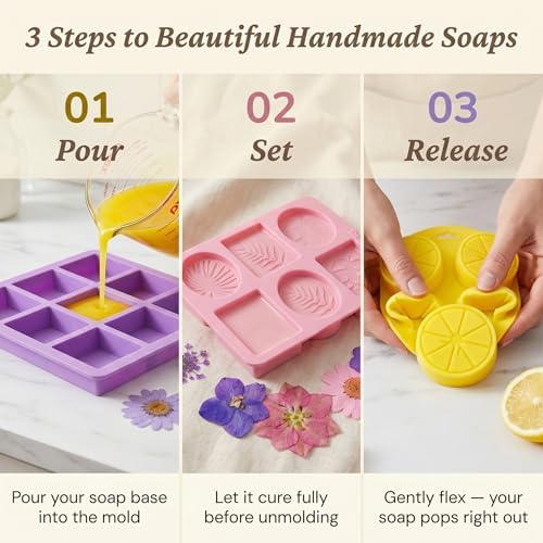 GLYNORKS Silicone Soap Molds for Soap Making, 20pcs Soap Molds Kit with Rectangle, Lemon & Leaf Designs, 10 Gift Bags, 6 Cards & 30 Dried Flowers, DIY Soap Making Supplies Kit for Adults