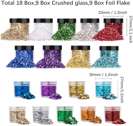 9 Box Broken Crushed Glass Glitter, 9 Box Gold Foil Flake Irregular Shards Metallic Crystal Chips 2-4mm Chunky Flakes Sequins Gravel for Epoxy Resin Craft Supplies
